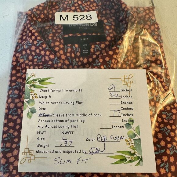 Bonobos Men Shirt Large Red Floral Stretch Slim Fit Short Sleeve Button-Up M528 - Picture 8 of 13